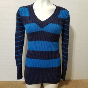 Faded Glory sweater Small striped pullover v-neck knit Blue Sapphire Twilight